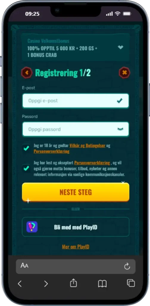Spinanga registrering steg 1 av 2 med e-post og passord skjema på mobil