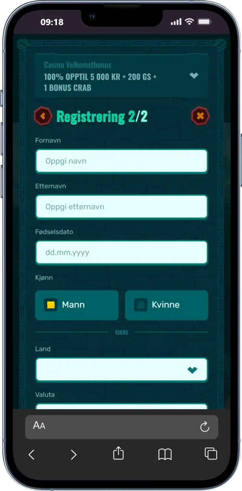 Spinanga registrering steg 2 av 2 med personlig informasjon fornavn etternavn og land