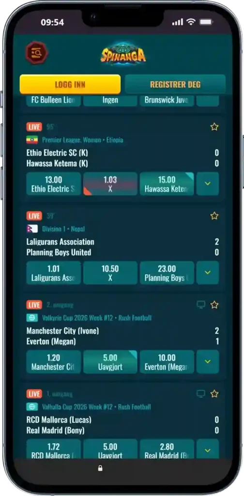 Spill på sport hos Spinanga Casino dekker tusenvis av arrangementer daglig, fra fotball til e-sport med konkurransedyktige odds