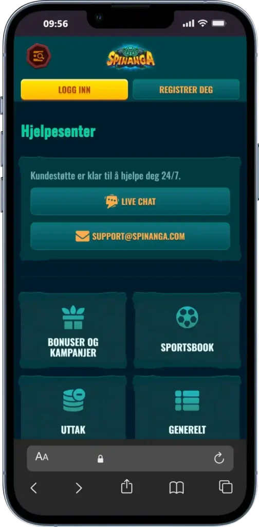 Kundesupport hos Spinanga Casino er tilgjengelig 24/7 via live chat og e-post for rask hjelp til alle spørsmål.